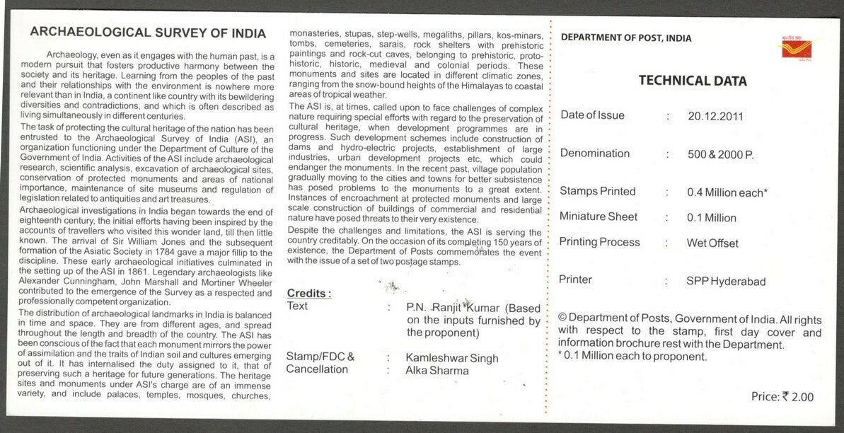 AOP India 2011 Archaeological Survey Of India set 2 on first day used brochure