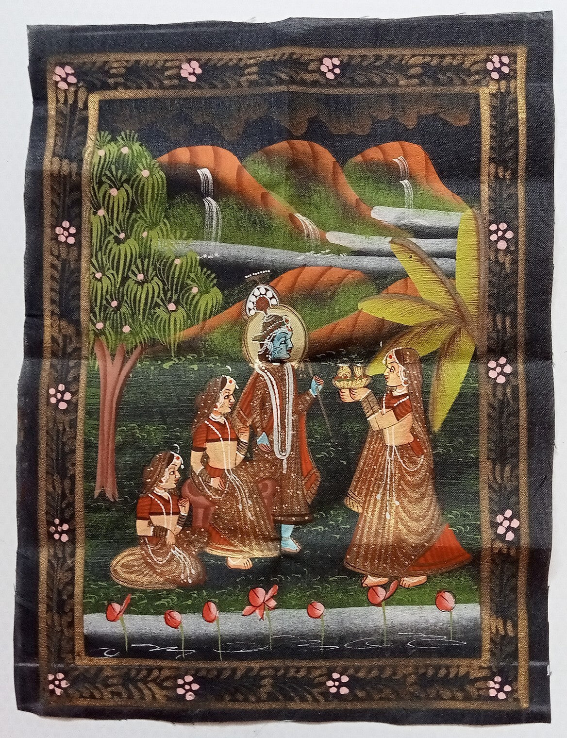 India vintage hand painting on cloth RADHA, KRISHNA & 2 GOPIS 8 x 12 inches
