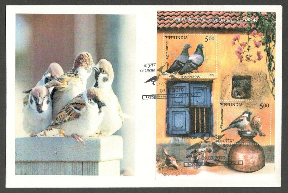 AOP India 2010 Birds Pigeon & Sparrow MS on FDC First Day cover