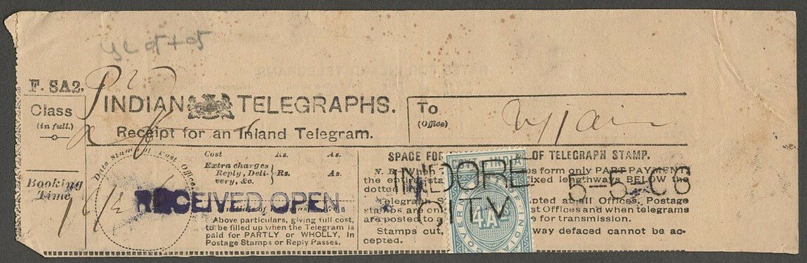 AOP India Telegraph stamp on receipt INDORE CITY 1906 at RECEIVED OPEN hs