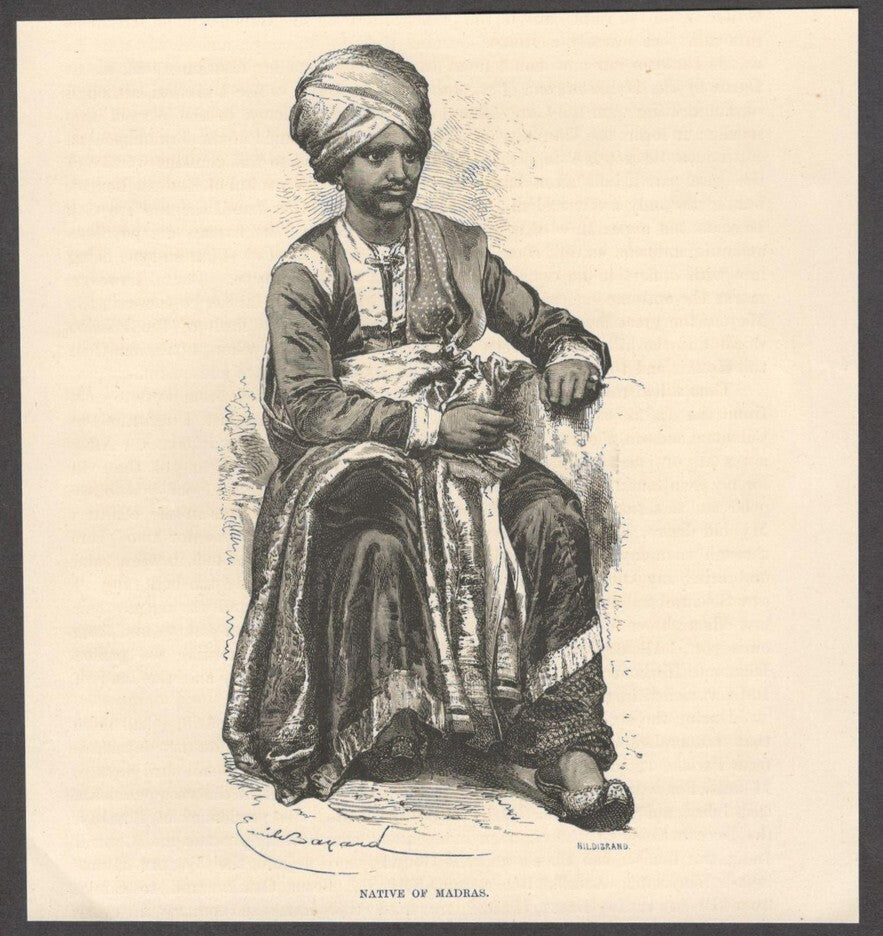 India NATIVE OF MADRAS engraved print ex libris Rousslet 1876 6.5"x6"