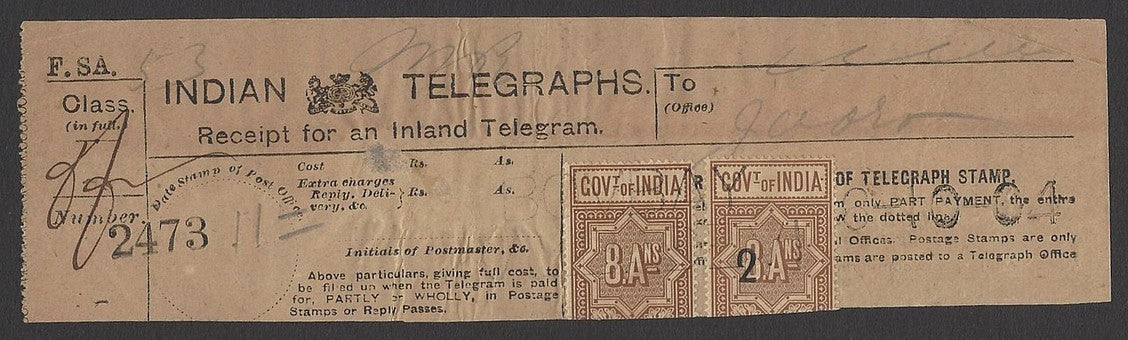 India 2as on 8as provisional telegraph stamp on receipt