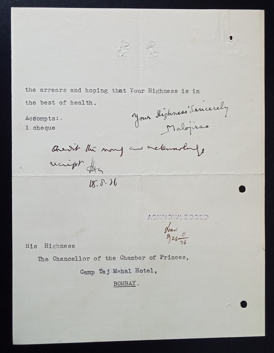 India 1936 letter signed Raja Malojirao of Phaltan with RAJA OF PHALTAN crest
