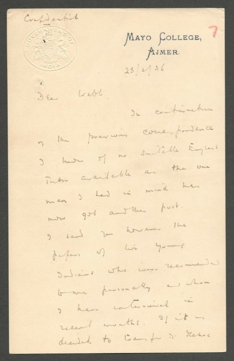 AOP India 1936 letter with embossed GOI crest MAYO COLLEGE, AJMER
