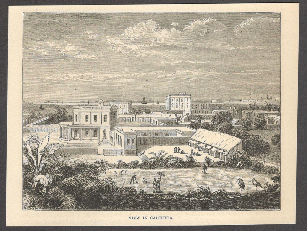 India VIEW IN CALCUTTA engraved print ex libris Rousslet 1876 6.5"x5"