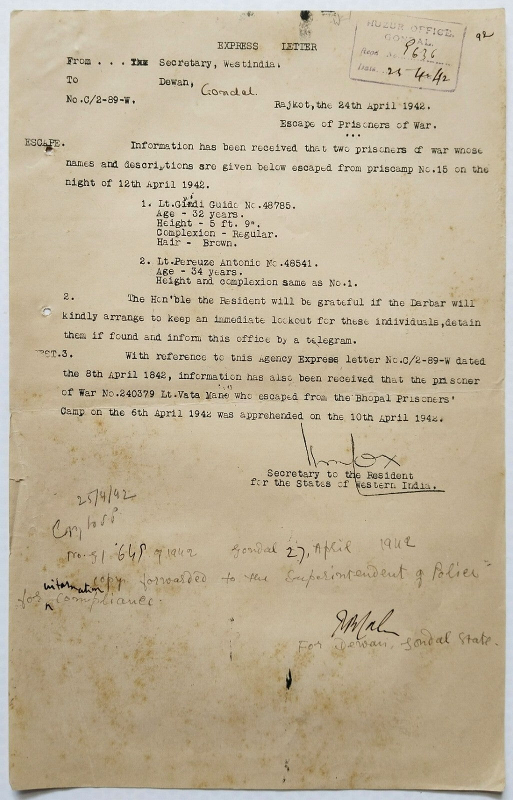 India WW2 1942 Official letter ESCAPE OF ITALIAN PRISONERS OF WAR Bhopal Camp