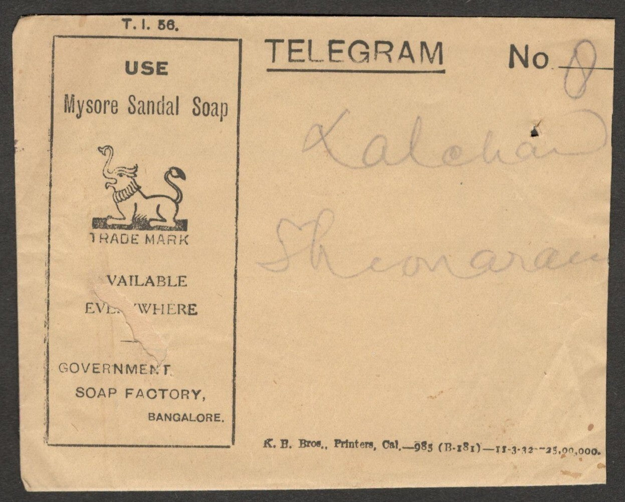 AOP India MYSORE SANDAL SOAP pictorial Telegram envelope & contents 1933