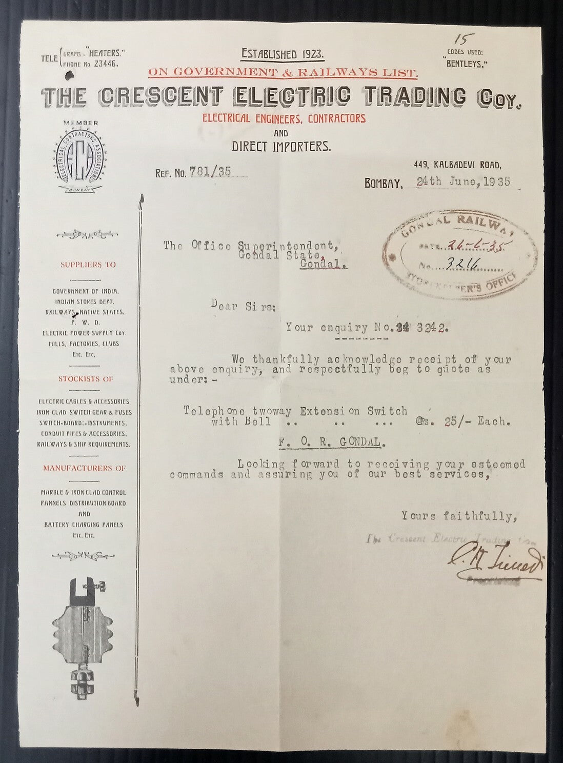 AOP Crescent Electric Trading Co.Bomboy 1935 illustrated letterhead India