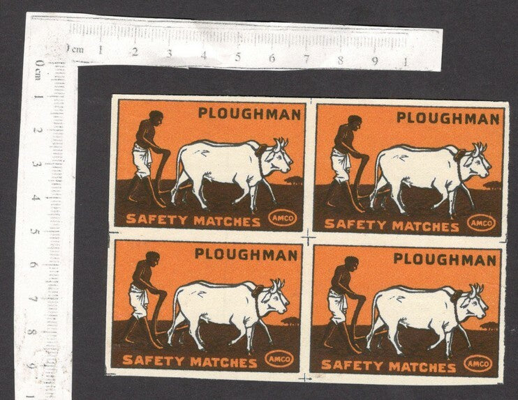 India 1930s-40s matchbox label PLOUGHMAN uncut block of 4 labels