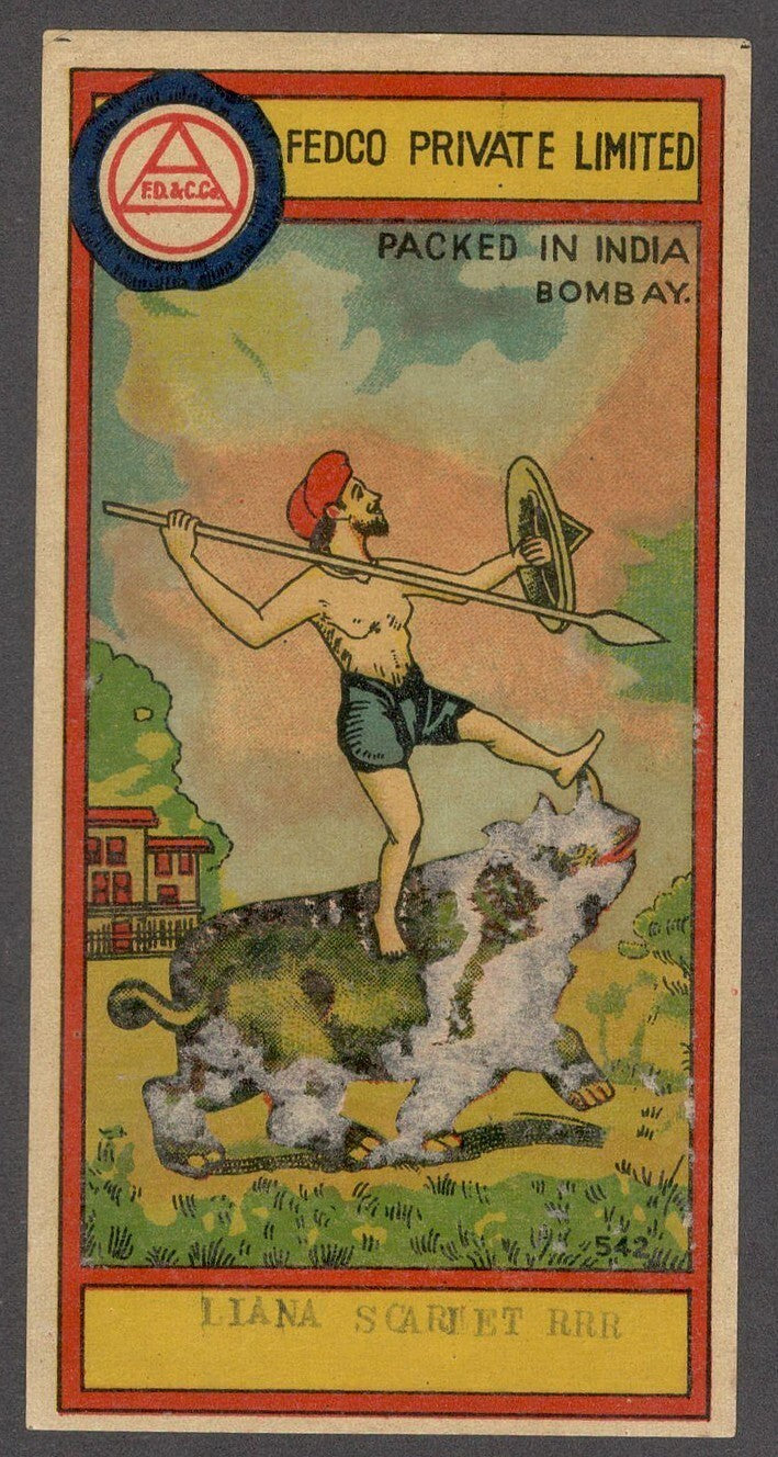 India vintage Die label Man on Rhino