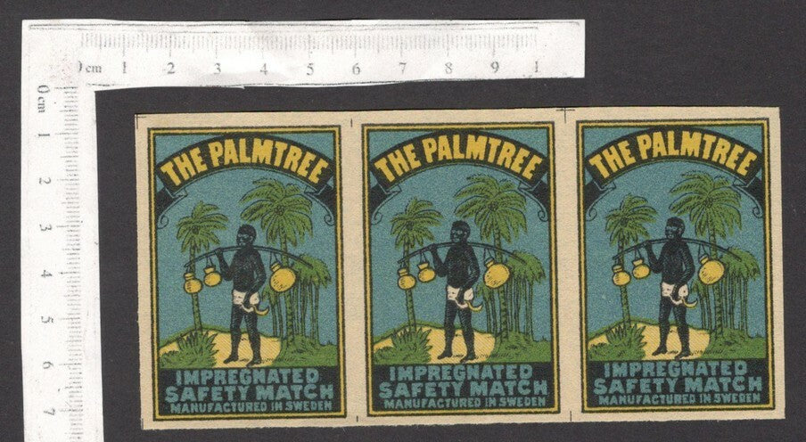 India 1930s-40s matchbox label THE PALM TREE uncut strip of 3 labels