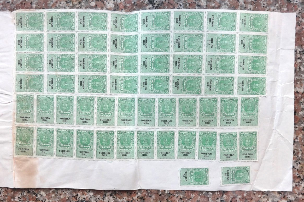 India 108 Foreign Bill 100R revenue stamps on part document