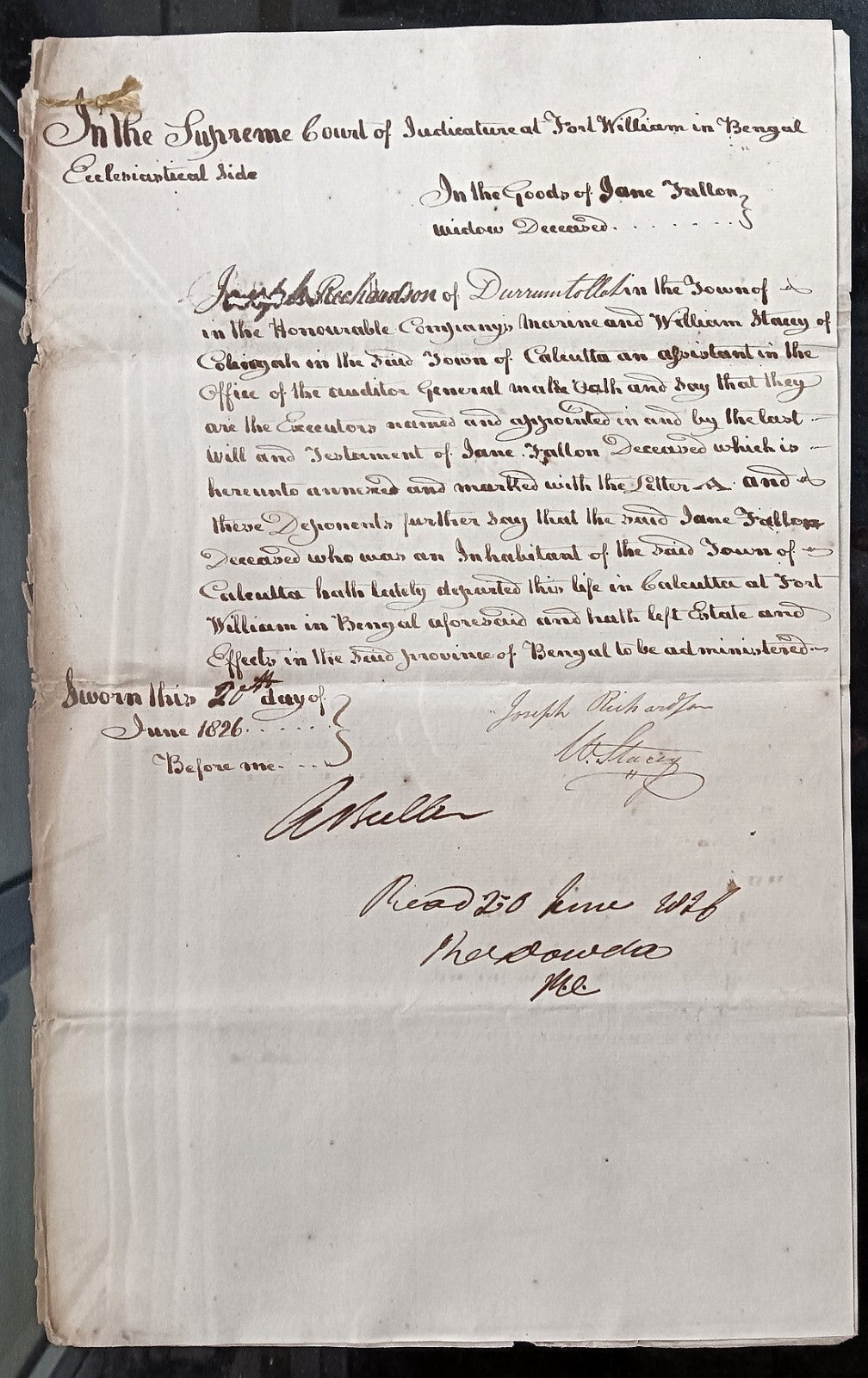India King George IV 1826 Fort William, Calcutta document