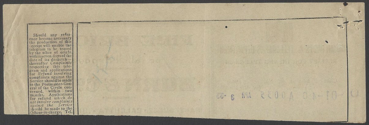 AOPIMT India 1933 Telegraph receipt with Burns & Co FIRE BRICKS advertisement