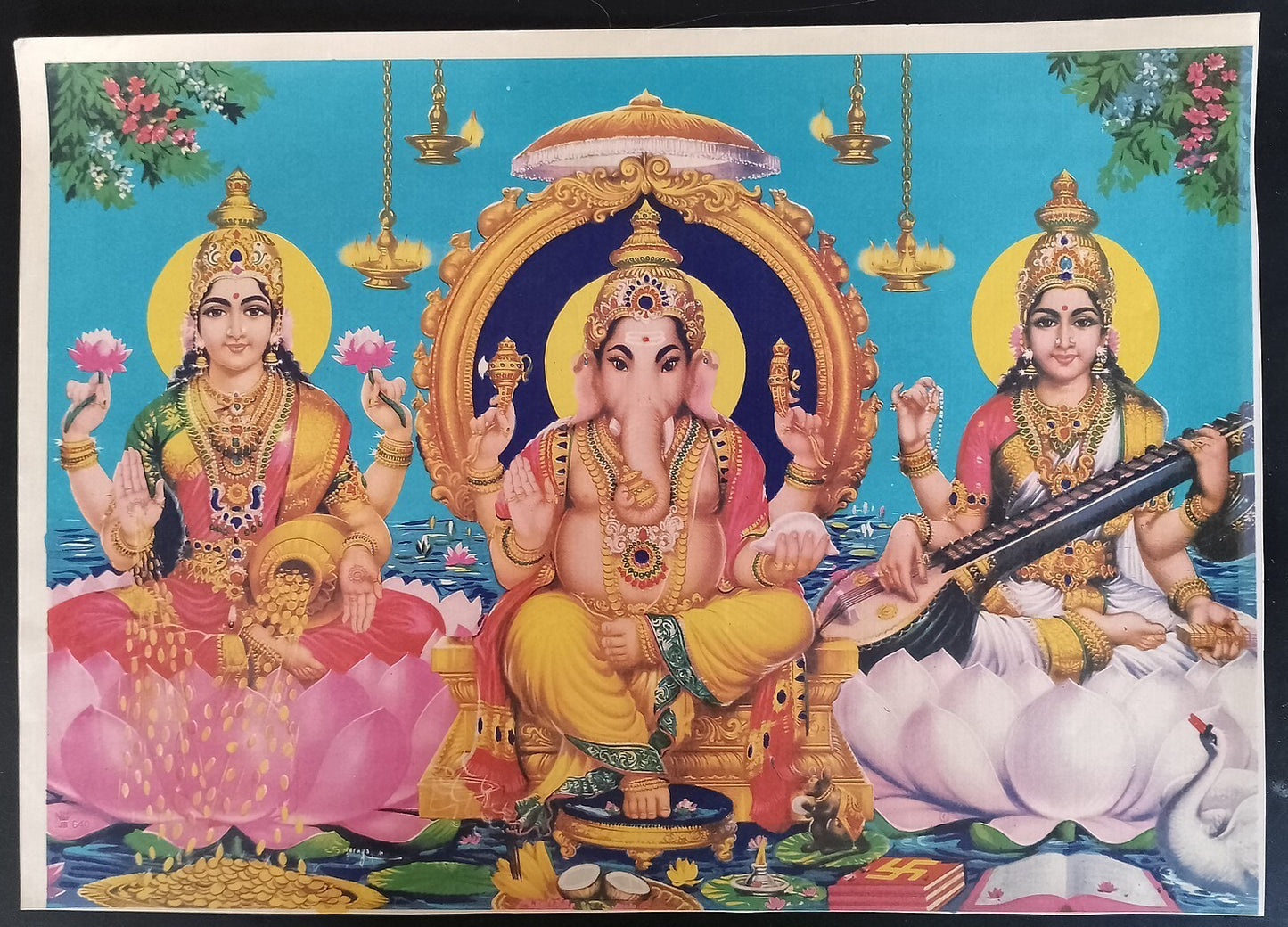 AOP India vintage poster Ganesh Lakshmi & Saraswati 10x13 inches