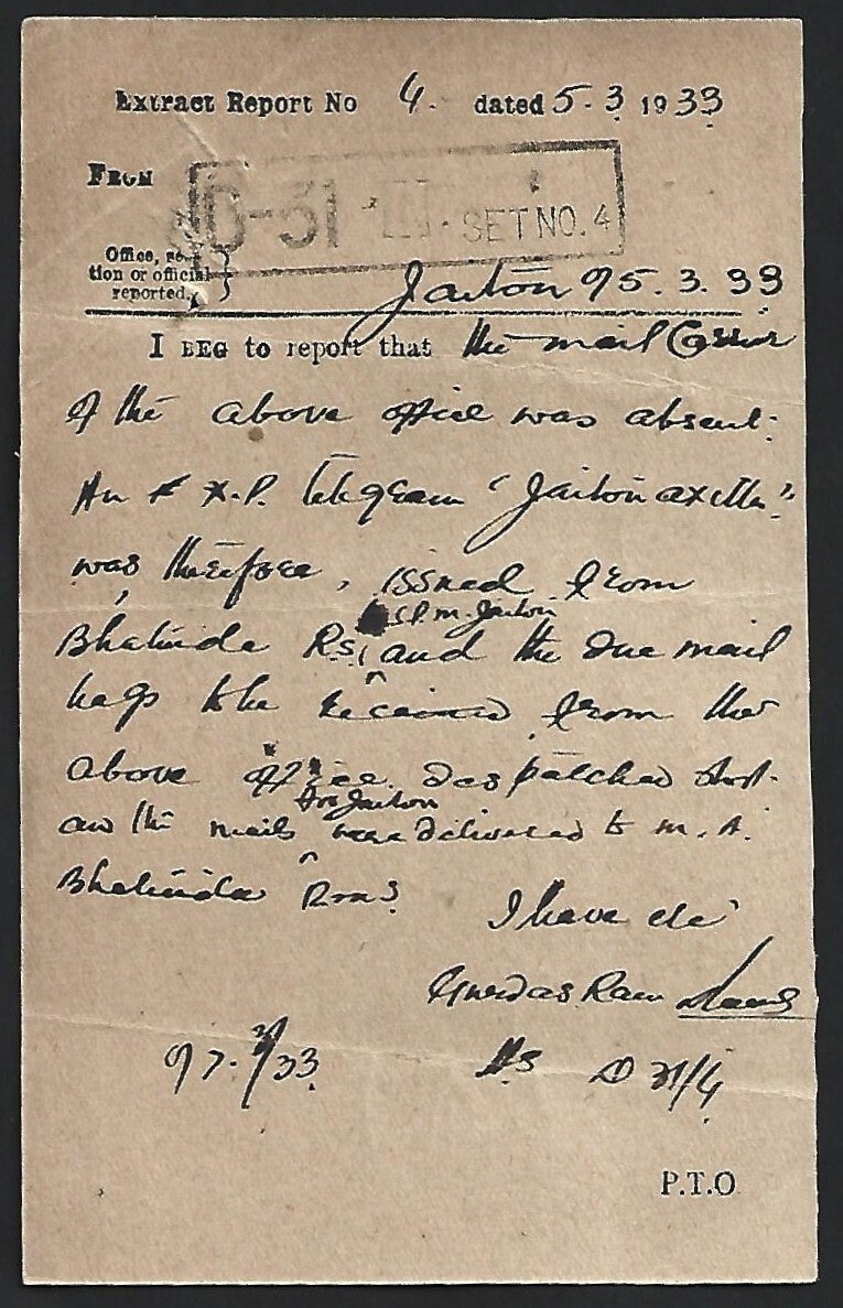 INDIAN POSTS & TELEGRAPHS DEPT. SERVICE CARD used 1935