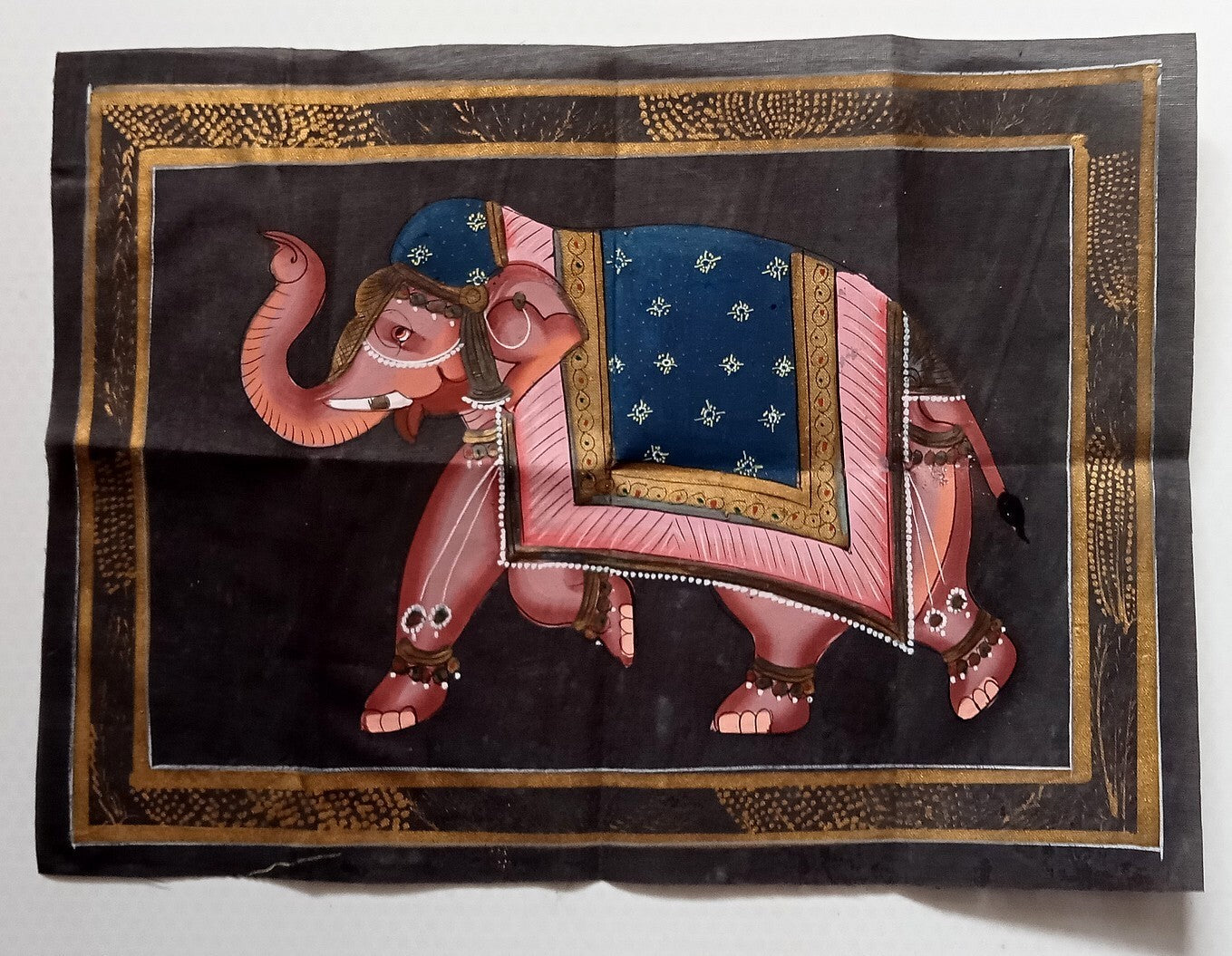 India vintage hand painting on cloth SEVEN ELEPHANTS 9 x 16 inches