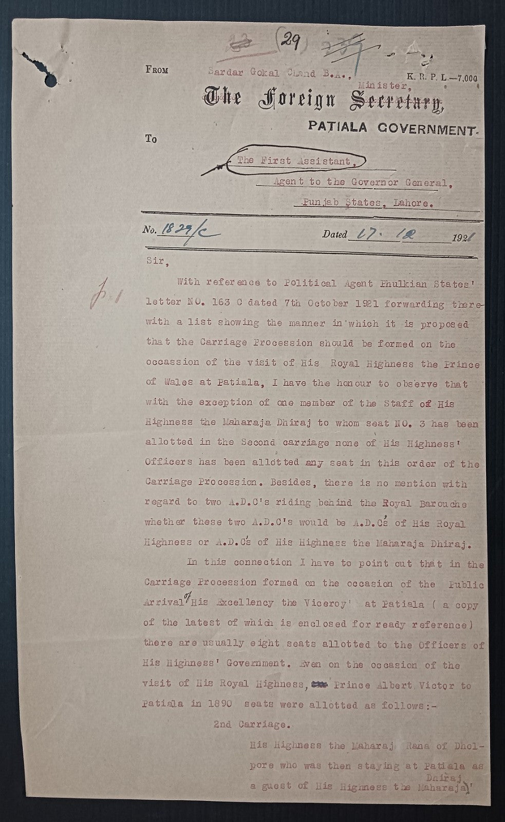 India 1922 HRH The Prince of Wales Visit INTERESTING official letter