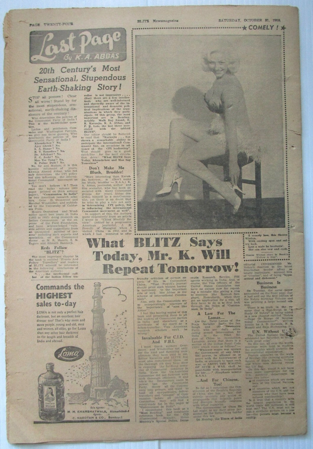 India Blitz 31 Oct 1959 issue EXPLOITING CHINA’S PERFIDY see condition