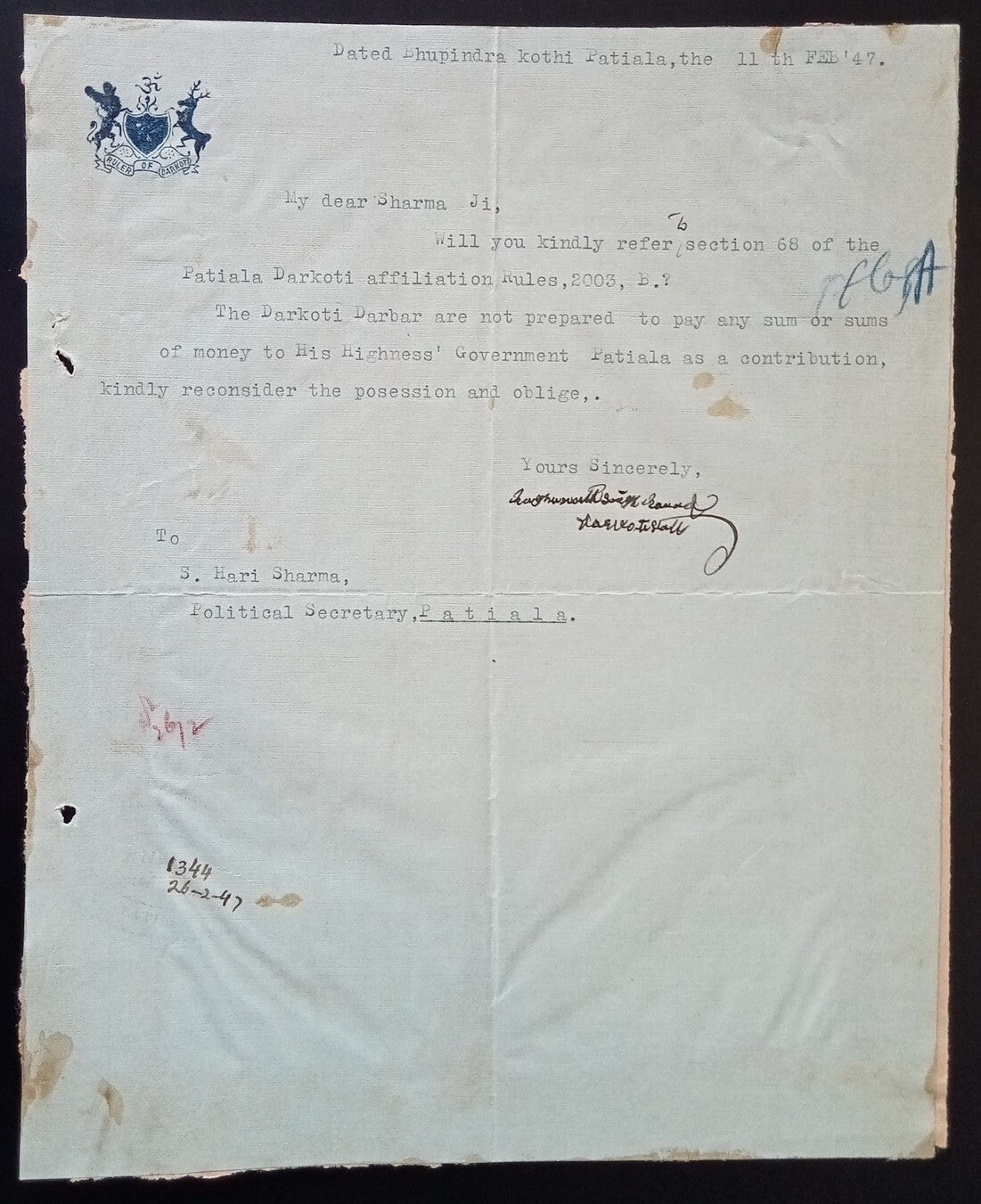 India 1947 signed by RULER OF DARKOTI crested letter