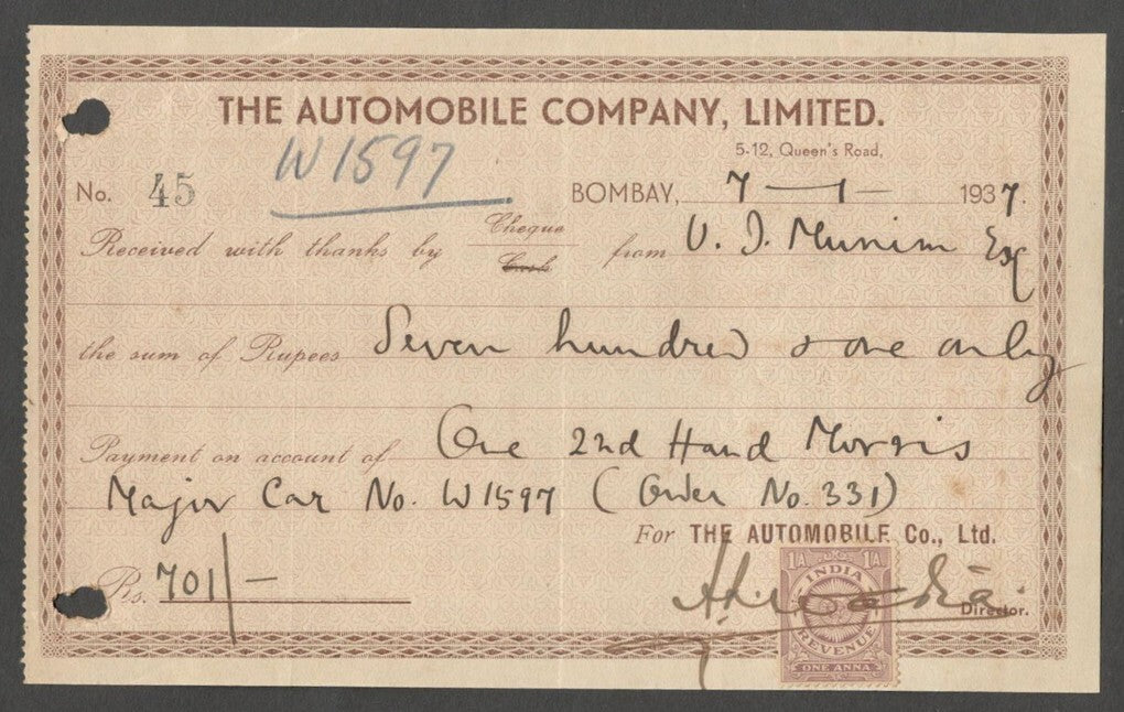 AOP India THE AUTOMOBILE C0MPANY, Bombay 1937 stamped receipt