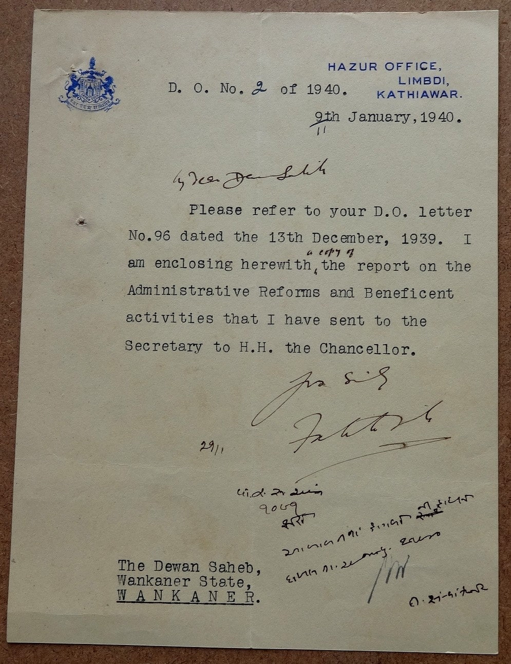 India Limbdi State crested Letter 1940