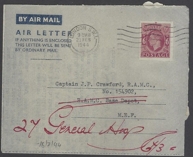 Indian Army bs violet R.A.M.C./dt./BASE DEPOT on 1944 cover to General Hospital