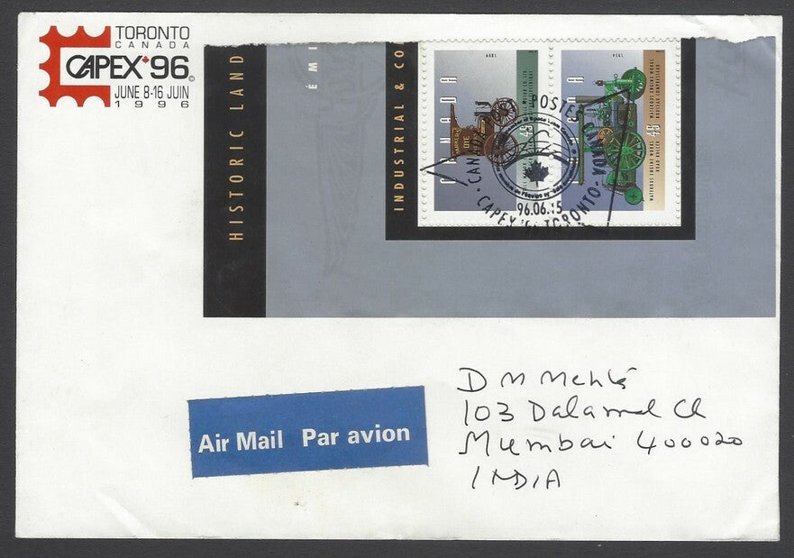 AOP Canada 1996 Historical Vehicles 45c pair on cover to India