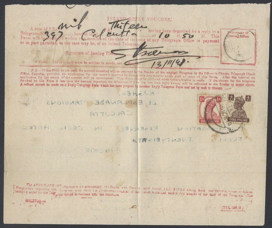 India 1950 red Inland Reply Voucher telegram wi KGVI stamps to pay excess words