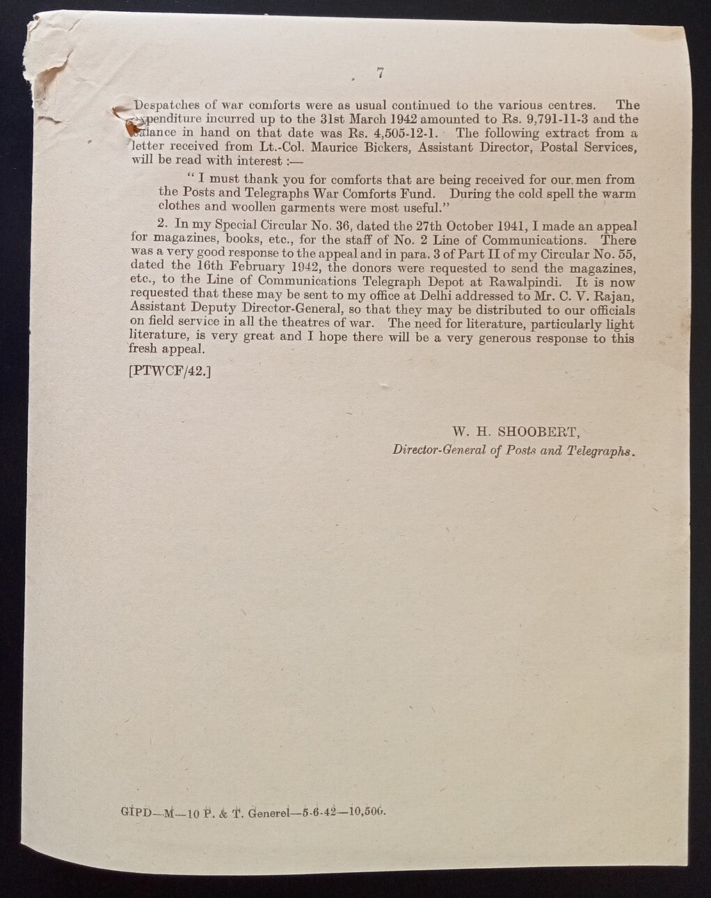 India POSTAL CIRCULAR No. 7 2nd June 1942 Post & Telegraphs War Purposes Fund