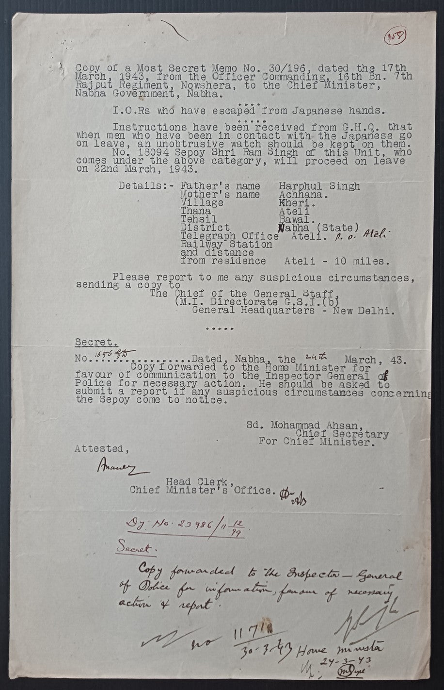 British India Spying on Indian soldiers escaped from Japanese captivity 1943