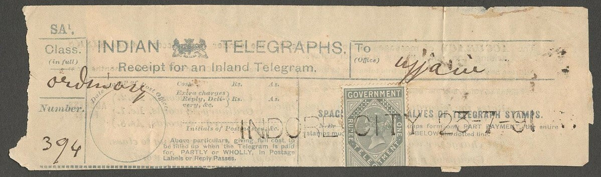 AOP India QV Telegraph stamp on 1891 INDORE Telegraph receipt