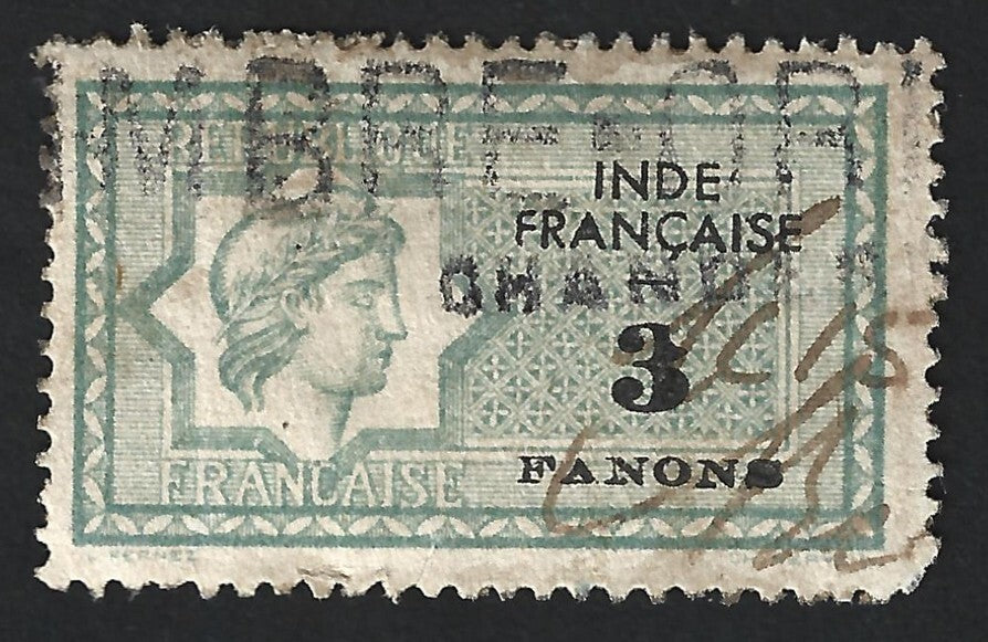 French India 3fa green revenue stamp with deformed "3"