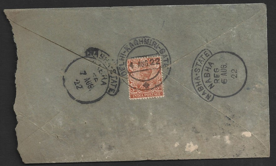 India 1922 single franked VPP (Value Payable) On Postal Service cover