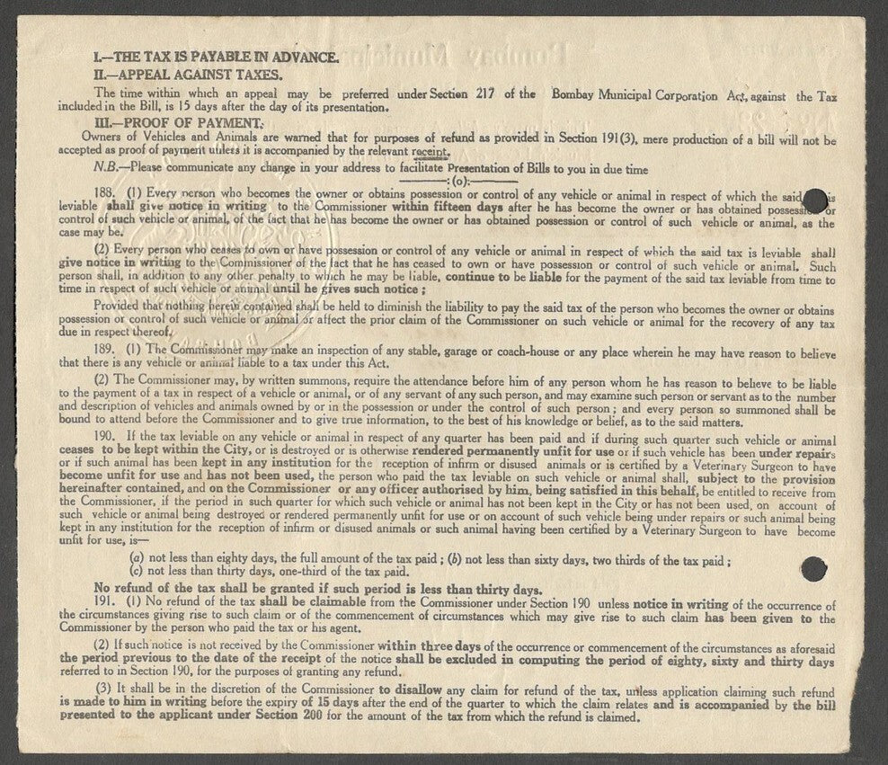 AOP India 1951 Bombay Municipal Corporation BILL FOR TAX ON VEHICLES AND ANIMALS