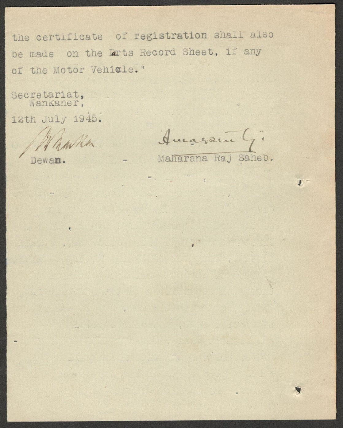 India 1945 MOTOR VEHICLES SPARE PARTS ORDER signed Amar Singh MAHARAJA WANKANER
