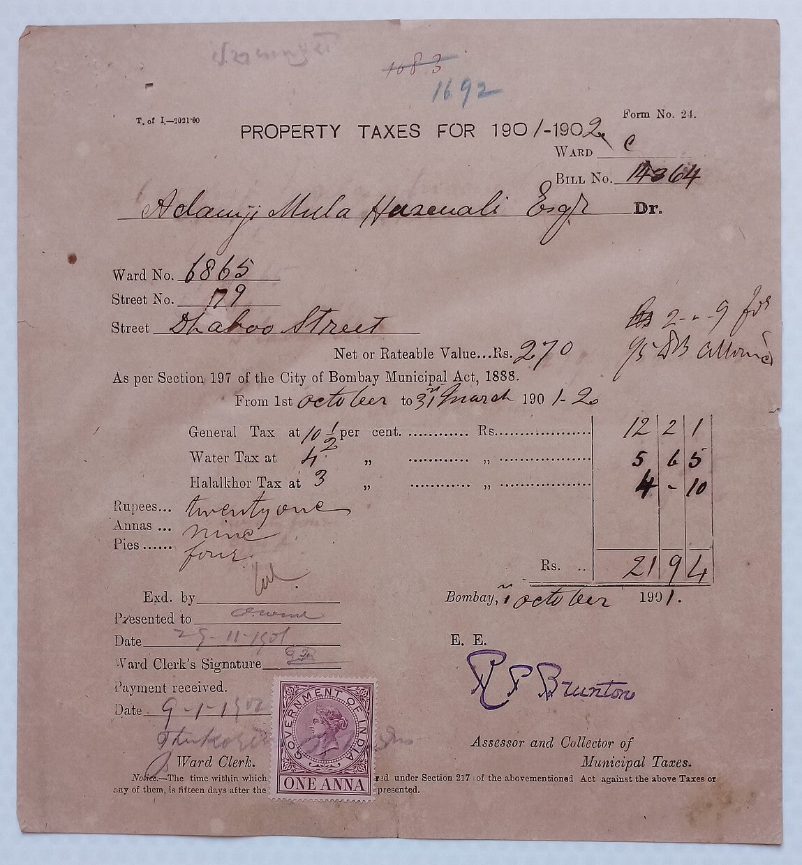 BOMBAY, India 1901 Property Tax form