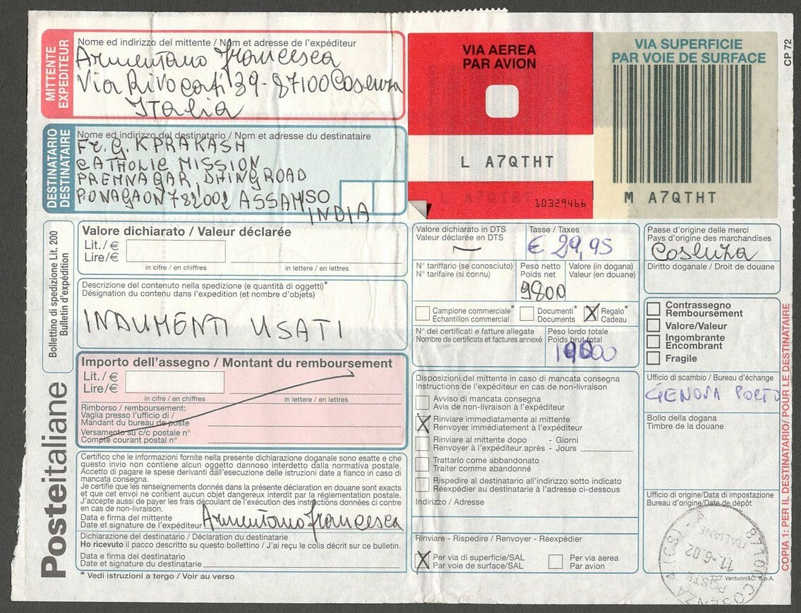 AOP Italy parcel card to India with 1977-87 4000 Lire x 14 & meter postage