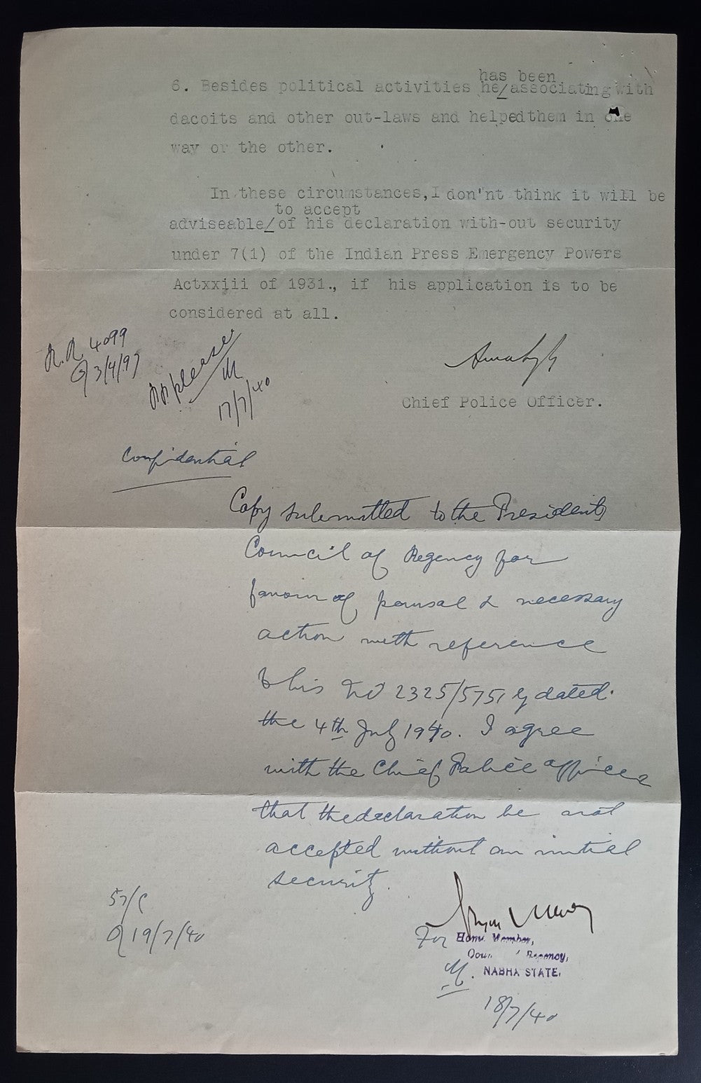 India 1940 Official letter about Teja Singh, Kharak Singh SPGC, Akali agitator