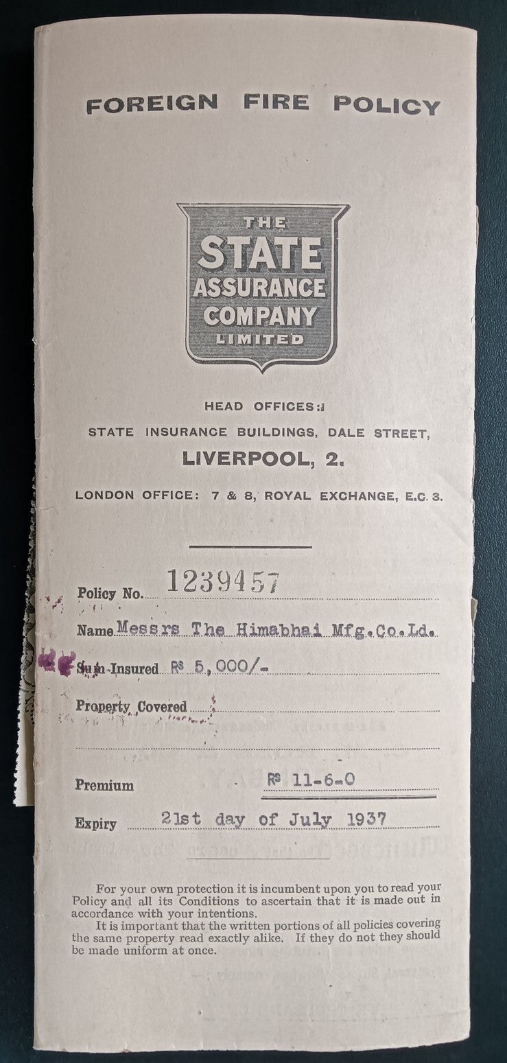 India STATE ASSURANCE COMPANY 1937 Fire Policy
