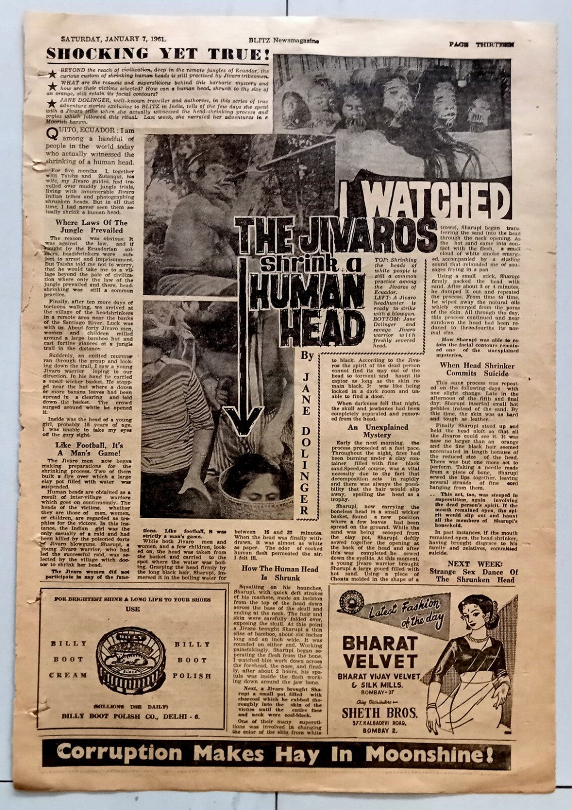 AOP BLITZ page 1961 Jivaros Shrink a Human Head, Air India Tokyo ? Ad R