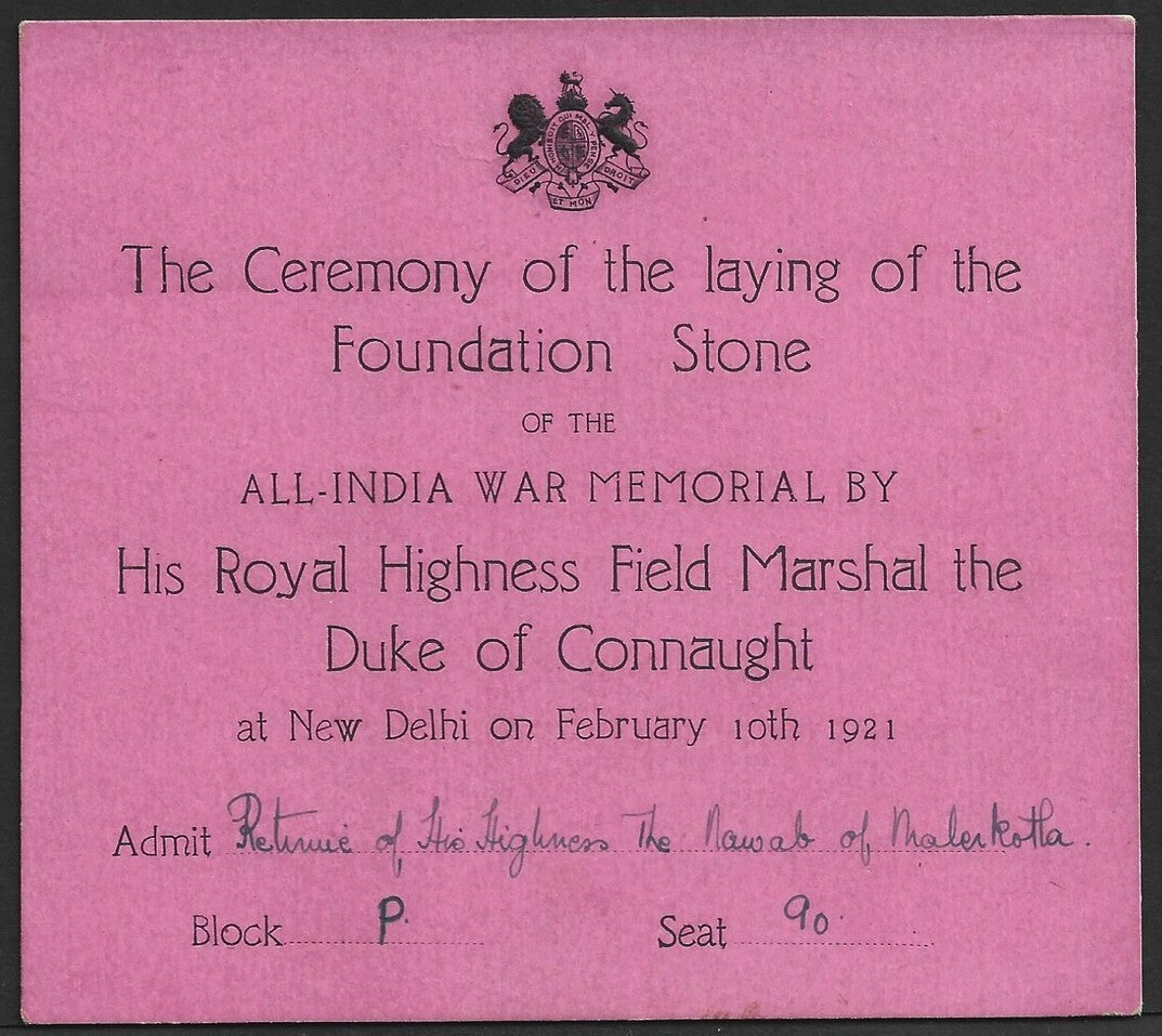 1921 Duke of Connaught INDIA VISIT Inaug of War Memorial crested pass