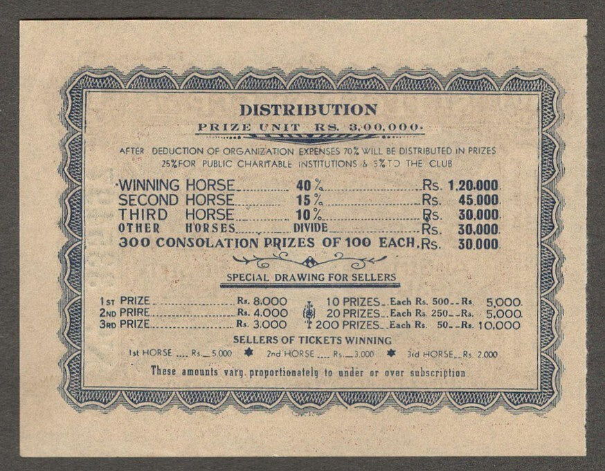 (AOP) India DATIA STATE 1/6 or 1R St. Leger Sweep ticket 1939