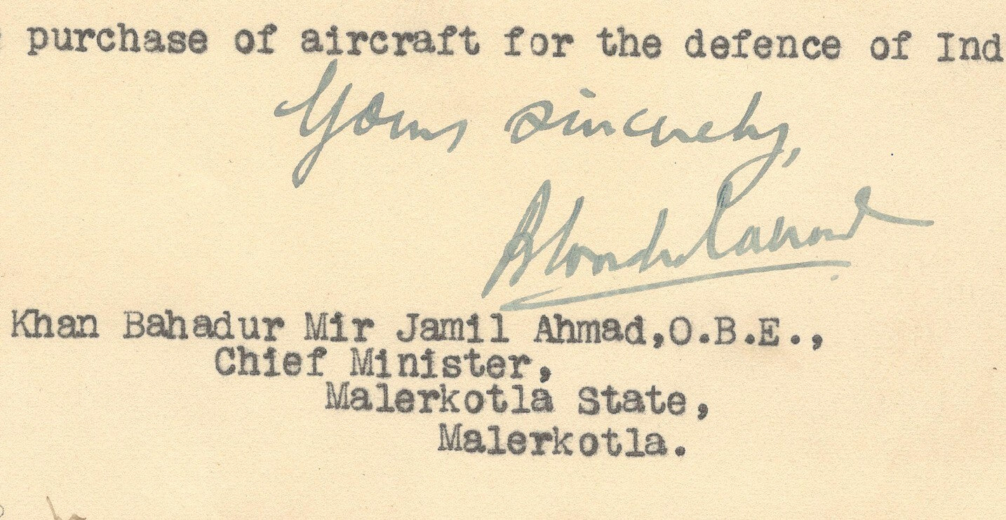 India 1940 crested letter thanking Maler Kotla for War donations incl. aircraft