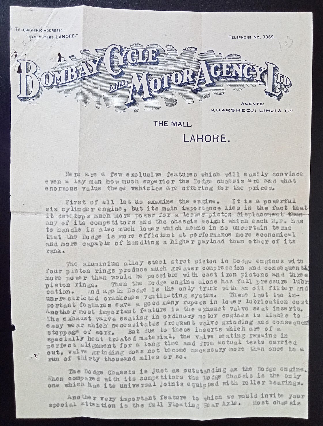 Bombay Cycle Motor Agency Ltd. pictorial advertisement letterhead Lahore, India