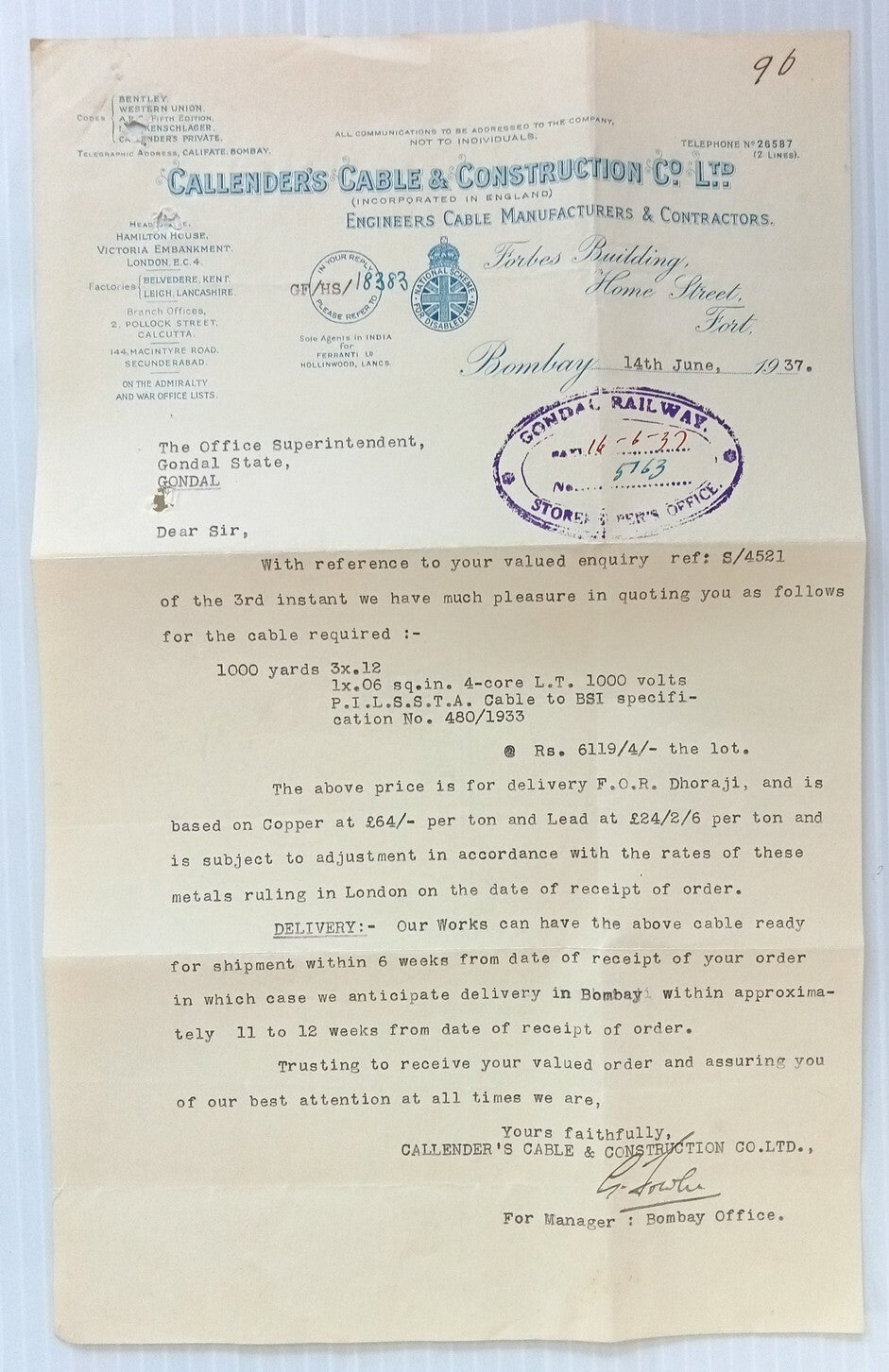 AOP Callendre's Cable & Construction Bombay 1937 illustrated letterhead India