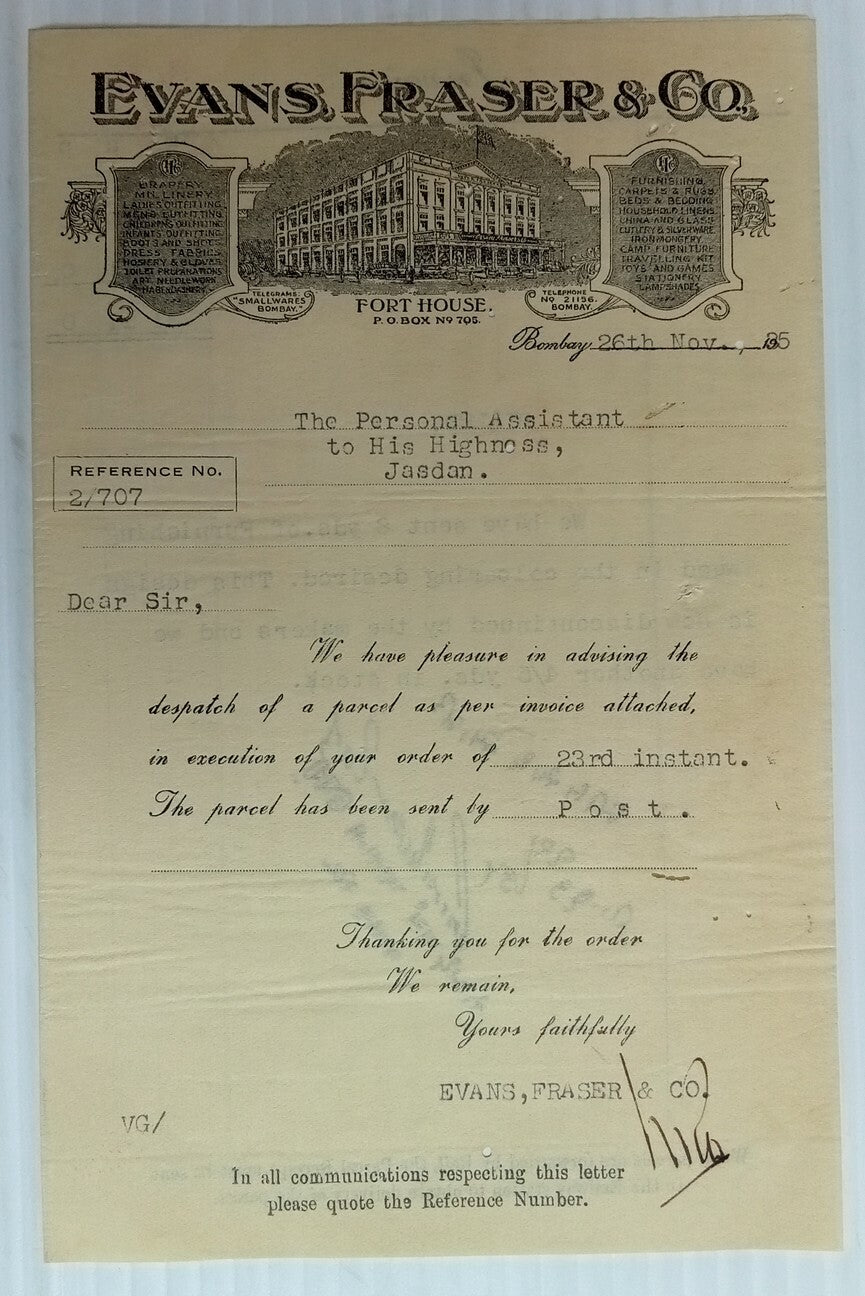 AOP India 1935 illustrated letterhead EVANS FRASER DEPARTMENT STORES Bombay