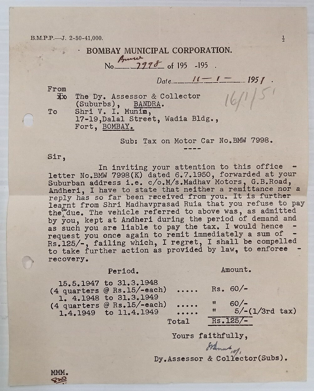 AOP India 1951 Bombay Municipality MOTOR VEHICLES TAX letter for arrears