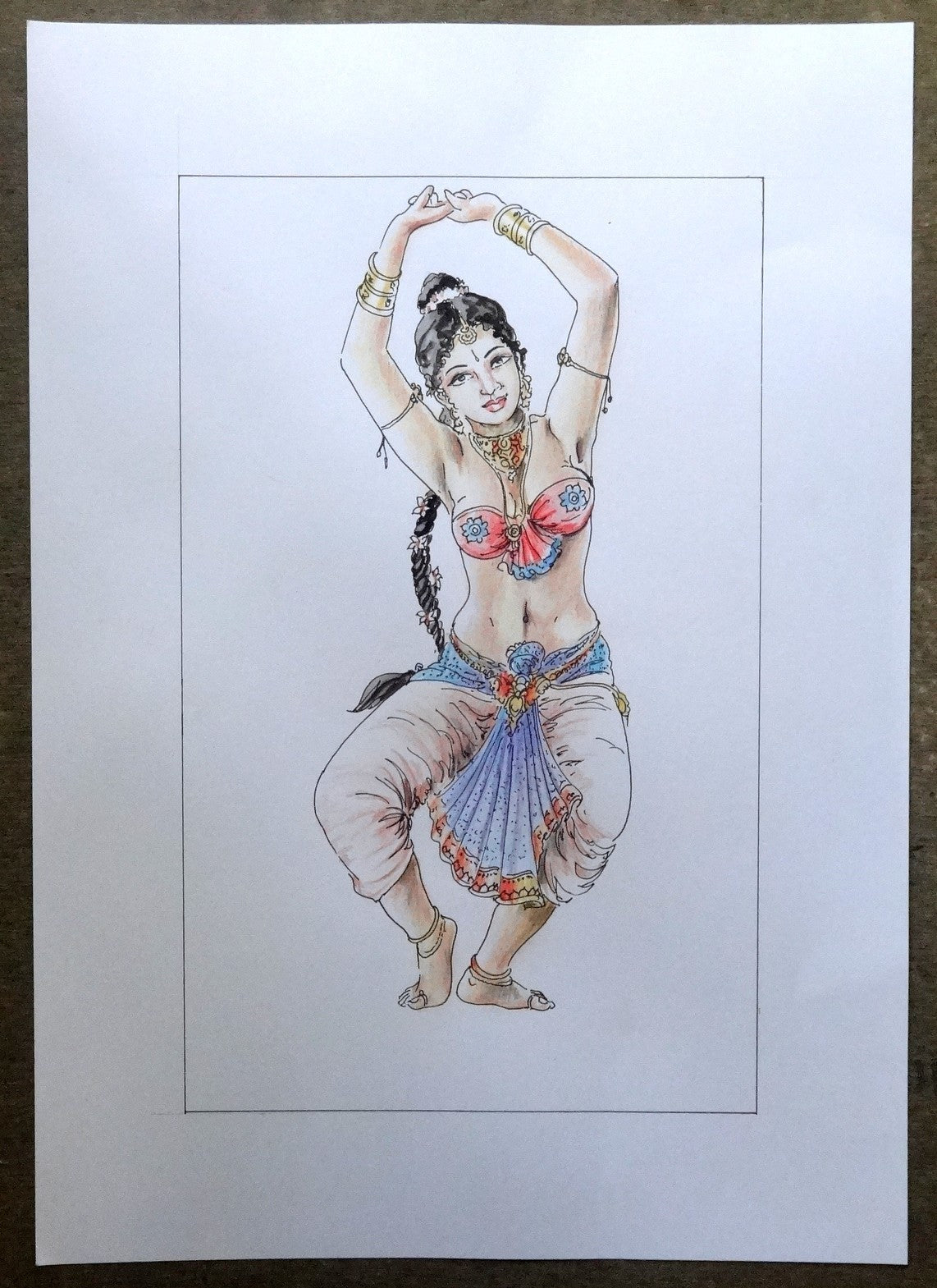 Indian Dancing Beauty watercolours, crayons & ink on card 11.5” x 17.5”