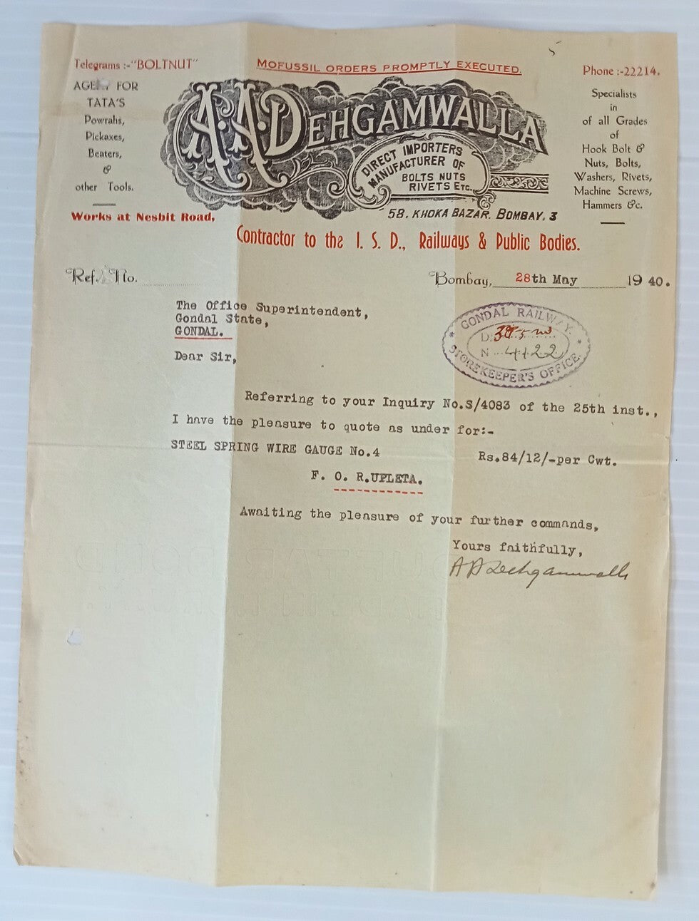 AOP Bolts, Nuts & Rivets Dealers Bombay 1940 illustrated letterhead India